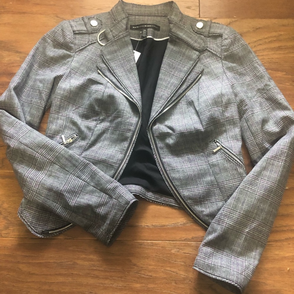 Gray and purple pinstripe jacket.